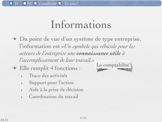 SI         AC   Complexité   Et vous?




                                    Informations
                  Du point de vue d’un système de type entreprise,
                   l’information est «Un symbole qui véhicule pour les
                   acteurs de l’entreprise une connaissance utile à
                   l’accomplissement de leur travail.»
                  Elle remplit 4 fonctions :
                     ‣   Trace des activités                  Catalogue : gérer des achats;
                     ‣   Support pour l’action                  Tarifs : établir un devis
                     ‣   Aide à la prise de décision
                     ‣   Coordination du travail



                                                      8 /76
 09/11
lundi 5 septembre 2011
 