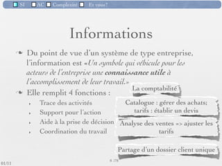 SI         AC   Complexité   Et vous?




                         Système d’informations
                     Un système d'information (noté SI) représente
                     l'ensemble des éléments participant à la gestion,
                     au stockage, au traitement, au transport et à la
                     diffusion de l'information au sein d'une
                     organisation.

             ex: ATM, système de réservations aériennes, ENT,

                           Managment Information System,
                         Système d'information organisationnel,
 09/11
                         Système de traitement de l’information
                                           9 /76
lundi 5 septembre 2011
 