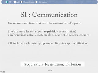 SI          AC   Complexité   Et vous?


                                   SI : Génération
                ‣        consiste à donner à toute information un nom et une
                         déﬁnition, reconnus et partagés au sein de l’entreprise
                         (vocabulaire de l’entreprise)
                ‣        consiste à déﬁnir également les événements “d’intérêt pour
                         l’organisation” aﬁn de préciser la réaction du système
                ‣        est un préalable nécessaire à toute mémorisation
                ‣        permettra toute saisie et traitement d’information par la suite
                ‣        est propre à chaque organisation



                                    vocabulaire spéciﬁque de
                                          l'entreprise
                                                       17 /76
 09/11
lundi 5 septembre 2011
 