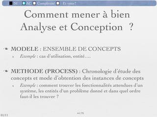 SI         AC   Complexité   Et vous?

                     Exemple de module (1) :
                        Calcul du salaire
                                                      Petites structures


                                           }
          Plusieurs solutions :                               Pour de grandes entreprises
             1. manuelle                                       avec SI Informatisé propre et
             2. à l’aide d’un tableur                          de taille importante. Utile
             3. en utilisant un logiciel propre                pour le calcul des salaires et
                spéciﬁque                                      l’édition d’autres documents
             4. en utilisant un progiciel du “marché”
             5. en sous-traitant le calcul, en partie          Pour des PME : demande un
                ou en totalité                                 minimum de connaissances
                                                               comptables et de paramètrage
              Très souple vis-à-vis de tous                    du progiciel.
              changements de législation, assez
              onéreuse pour de grandes structures.
                                                      35 /76
 09/11
lundi 5 septembre 2011
 