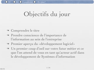 SI         AC   Complexité   Et vous?




                               Objectifs du jour

                  Comprendre le titre
                  Prendre conscience de l’importance de
                   l’information au sein de l’entreprise
                  Premier aperçu du «développement logiciel»
                  Un premier coup d’oeil sur votre futur métier et ce
                   que l’on attend de vous en tant qu’acteur actif dans
                   le développement de Systèmes d’information


                                                      3 /76
 09/11
lundi 5 septembre 2011
 