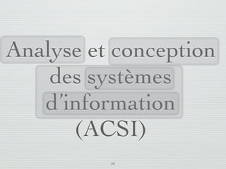 SI          AC    Complexité   Et vous?


                    Une complexité inhérente
                     Selon Grady Booch, la complexité est une caractéristique
                      inhérente au logiciel et elle provient de quatre éléments :
                         1) la complexité des problèmes ;
                         2) la difﬁculté à contrôler le processus de développement ;
                         3) la ﬂexibilité dans la programmation ;
                         4) le passage du monde continu au monde discret .




                                                        49 /76
 09/11
lundi 5 septembre 2011
 