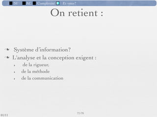 SI           AC          Complexité             Et vous?



                   Les domaines d’application
            Finance (bourse, banque,…)
            Production (robotique, gestion, …)
            Commerce (gestion, data mining, …)
            Sciences (météo, géographie, physique, mathématiques,
             médecine, pharmacie, génétique, …)
            Supervision de réseaux (EDF, pétrole, transports, …)
            Supervision d’exploitation (centrales nucléaires, haut-
             fourneaux, …)
            Avionique, Automobile, Edition, CAO, …
            Energie (prospection de pétrole, optimisation, etc.)
            Jeux
                                                                         65 /76
 09/11              Université PARIS-SUD - Licence MPI - S1
lundi 5 septembre 2011
 