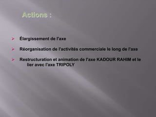 Actions :
 Élargissement de l'axe
 Réorganisation de l'activités commerciale le long de l'axe
 Restructuration et animation de l'axe KADOUR RAHIM et le
lier avec l'axe TRIPOLY
 