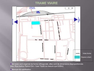 TRAME VIAIRE
les voies sont organisé de forme orthogonale, elles sont de dimensions disproportionnés
(exp.:Rue Kadour Rahim15m - l’axe Tripoli ne mesure que 8,80m)
Manque de viabilisation
Voies ferrée
Espace urbain
 