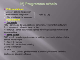  Pole touristique:
 Musée + galerie d’exposition
 Riad andalous maghrébin
 Hôtel et auberge de jeunesse
 Pole d’affaire
 1er bande
RDC : commerce de luxe, joaillerie, parfumerie, vêtement et restaurant
R+1: restaurant, cafeteria, salon de thé
R+2 et plus : bancs assurances agence de voyage agence immobilier et
sièges sociaux
 2ème bande
RDC et r+1 : grand magasin à rayons multiple, imprimerie, studios photos,
service informatique
R+2 au r+5 : bureau
R+6 au r+8 : habitat haut standing
Centre commercial
La gare:
RDC (h=7m) gare ferroviaire et annexe (restaurant, cafeteria,
boutique de souvenir, artisanat
IV) Programme urbain
Fahs du Dey
 