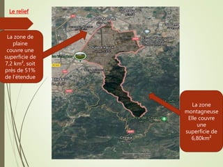 La zone de
plaine
couvre une
superficie de
7,2 km², soit
près de 51%
de l'étendue
La zone
montagneuse
Elle couvre
une
superficie de
6,80km²
Le relief
 