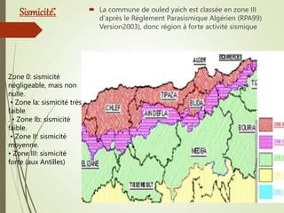 Sismicité:  La commune de ouled yaich est classée en zone III
d'après le Règlement Parasismique Algérien (RPA99)
Version2003), donc région à forte activité sismique
Zone 0: sismicité
négligeable, mais non
nulle.
• Zone la: sismicité très
faible
. • Zone lb: sismicité
faible.
• Zone II: sismicité
moyenne.
• Zone III: sismicité
forte (aux Antilles)
 