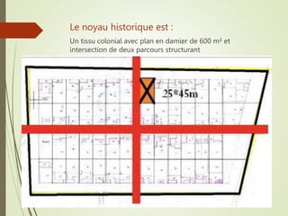 Le noyau historique est :
Un tissu colonial avec plan en damier de 600 m² et
intersection de deux parcours structurant
 