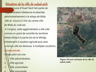 Situation de la ville de oulad aich
la commune d'Oued Yaich fait partie de
l'agglomération blideenne et attachée
administrativement a la wilaya de blida
elle se trouve à 5 Km du centre ville
de Blida du coté est.
A l'origine, cette agglomération a été créé
comme un point de contrôle du territoire
Reliant Blida à la partie Est de la Mitidja.
Initialement à vocation agricole puis avec
le temps, elle est devenue à multiples vocations.
La vocation de la ville:
Oulad yaîch est une:
1. Ville administrative.
2. Ville agricole
3. Ville universitaire
Figure 10 carte aérienne de la ville de
ouled yaich-
 