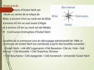 Périmètredela ville
 a commune d'Ouled Yaïch est
située au centre de la wilaya de
Blida, à environ 4 km au nord-est de Blida et
à environ 42 km au sud-ouest d'Alger.
et à environ 29 km au nord-est de Médéa
 Communes limitrophes d'Ouled Yaïch
Localités de la commune Lors du découpage administratif de 1984, la
commune de Ouled Yaïch est constituée à partir des localités suivantes :
• Ouled Yaïch • cité 402 Logements •Cité Benamor• Cité du I Mai • Sidi
Achour • Cité Nouvelle • Cité Chaachou Slimane
• Cité Bouchama • Cité espagnole • Cité Sonatrach • Université Ouled Yaïch
 