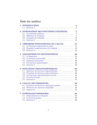 Table des mati`eres
1 INTRODUCTION 4
1.1 Exercices 1 . . . . . . . . . . . . . . . . . . . . . . . . . . . . 6
2 INT´EGRATION DES FONCTIONS CONTINUES 7
2.1 La continuit´e uniforme . . . . . . . . . . . . . . . . . . . . . . 7
2.2 D´eﬁnition de l’int´egrale . . . . . . . . . . . . . . . . . . . . . 8
2.3 Propri´et´es de l’int´egrale . . . . . . . . . . . . . . . . . . . . . 12
2.4 Exercices 2 . . . . . . . . . . . . . . . . . . . . . . . . . . . . 15
3 TH´EOR`EME FONDAMENTAL DU CALCUL 17
3.1 Le th´eor`eme fondamental du calcul . . . . . . . . . . . . . . . 17
3.2 Propri´et´es suppl´ementaires de l’int´egrale . . . . . . . . . . . . 19
3.3 Exercices 3 . . . . . . . . . . . . . . . . . . . . . . . . . . . . 22
4 LOGARITHME ET EXPONENTIELLE 24
4.1 Le logarithme . . . . . . . . . . . . . . . . . . . . . . . . . . . 24
4.2 La fonction exponentielle . . . . . . . . . . . . . . . . . . . . 27
4.3 Exposants irrationnels . . . . . . . . . . . . . . . . . . . . . . 29
4.4 Les fonctions hyperboliques . . . . . . . . . . . . . . . . . . . 30
4.5 Exercices 4 . . . . . . . . . . . . . . . . . . . . . . . . . . . . 32
5 FONCTIONS TRIGONOM´ETRIQUES 36
5.1 D´eﬁnition des fonctions trigonom´etriques . . . . . . . . . . . 36
5.2 Propri´et´es des fonctions trigonom´etriques . . . . . . . . . . . 39
5.3 Les fonctions trigonom´etriques inverses . . . . . . . . . . . . . 41
5.4 La notion d’angle . . . . . . . . . . . . . . . . . . . . . . . . . 43
5.5 Exercices 5 . . . . . . . . . . . . . . . . . . . . . . . . . . . . 47
6 CALCUL DES PRIMITIVES 50
6.1 Primitives des fonctions analytiques usuelles . . . . . . . . . . 50
6.2 Primitives des fonctions rationnelles . . . . . . . . . . . . . . 53
6.3 Exercices 6 . . . . . . . . . . . . . . . . . . . . . . . . . . . . 55
7 INT´EGRALES IMPROPRES 58
7.1 G´en´eralisation de l’int´egrale . . . . . . . . . . . . . . . . . . . 58
7.2 La fonction gamma . . . . . . . . . . . . . . . . . . . . . . . . 62
7.3 Exercices 7 . . . . . . . . . . . . . . . . . . . . . . . . . . . . 66
1
 