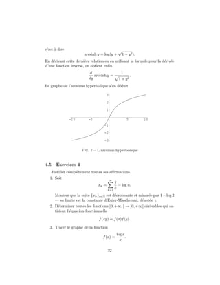 c’est-`a-dire
arcsinh y = log(y + 1 + y2).
En d´erivant cette derni`ere relation ou en utilisant la formule pour la d´eriv´ee
d’une fonction inverse, on obtient enﬁn
d
dy
arcsinh y =
1
1 + y2
.
Le graphe de l’arcsinus hyperbolique s’en d´eduit.
-10 -5 5 10
-3
-2
-1
1
2
3
Fig. 7 – L’arcsinus hyperbolique
4.5 Exercices 4
Justiﬁer compl`etement toutes ses aﬃrmations.
1. Soit
xn =
n
k=1
1
k
− log n.
Montrer que la suite {xn}n∈N est d´ecroissante et minor´ee par 1 − log 2
— sa limite est la constante d’Euler-Mascheroni, d´enot´ee γ.
2. D´eterminer toutes les fonctions ]0, +∞, [ → ]0, +∞[ d´erivables qui sa-
tisfont l’´equation fonctionnelle
f(xy) = f(x)f(y).
3. Tracer le graphe de la fonction
f(x) =
log x
x
.
32
 