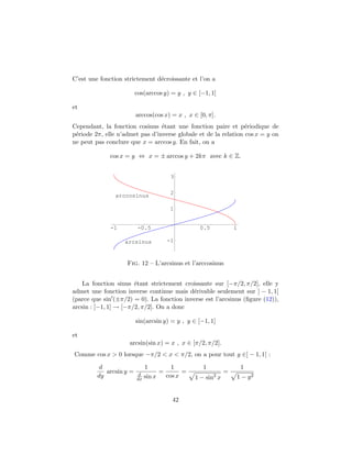 C’est une fonction strictement d´ecroissante et l’on a
cos(arccos y) = y , y ∈ [−1, 1]
et
arccos(cos x) = x , x ∈ [0, π].
Cependant, la fonction cosinus ´etant une fonction paire et p´eriodique de
p´eriode 2π, elle n’admet pas d’inverse globale et de la relation cos x = y on
ne peut pas conclure que x = arccos y. En fait, on a
cos x = y ⇔ x = ± arccos y + 2kπ avec k ∈ Z.
-1 -0.5 0.5 1
-1
1
2
3
arccosinus
arcsinus
Fig. 12 – L’arcsinus et l’arccosinus
La fonction sinus ´etant strictement croissante sur [−π/2, π/2], elle y
admet une fonction inverse continue mais d´erivable seulement sur ] − 1, 1[
(parce que sin (±π/2) = 0). La fonction inverse est l’arcsinus (ﬁgure (12)),
arcsin : [−1, 1] → [−π/2, π/2]. On a donc
sin(arcsin y) = y , y ∈ [−1, 1]
et
arcsin(sin x) = x , x ∈ [π/2, π/2].
Comme cos x > 0 lorsque −π/2 < x < π/2, on a pour tout y ∈] − 1, 1[ :
d
dy
arcsin y =
1
d
dx sin x
=
1
cos x
=
1
1 − sin2
x
=
1
1 − y2
42
 