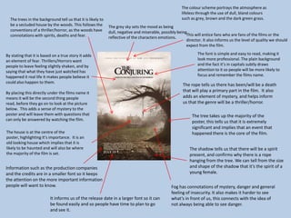 The shadow tells us that there will be a spirit
present, and confirms why there is a rope
hanging from the tree. We can tell from the size
and shape of the shadow that it’s the spirit of a
young female.
The font is simple and easy to read, making it
look more professional. The plain background
and the fact it’s in capitals subtly draws
attention to it so people will be more likely to
focus and remember the films name.
The rope tells us there has been/will be a death
that will play a primary part in the film. It also
adds an element of mystery, and helps inform
us that the genre will be a thriller/horror.
This will entice fans who are fans of the films or the
director. It also informs us the level of quality we should
expect from the film.
The tree takes up the majority of the
poster, this tells us that it is extremely
significant and implies that an event that
happened there is the core of the film.
It informs us of the release date in a larger font so it can
be found easily and so people have time to plan to go
and see it.
The house is at the centre of the
poster, highlighting it’s importance. It is an
old looking house which implies that it is
likely to be haunted and will also be where
the majority of the film is set.
Information such as the production companies
and the credits are in a smaller font so it keeps
the attention on the more important information
people will want to know.
By stating that it is based on a true story it adds
an element of fear. Thrillers/Horrors want
people to leave feeling slightly shaken, and by
saying that what they have just watched has
happened it real life it makes people believe it
could also happen to them.
By placing this directly under the films name it
means it will be the second thing people
read, before they go on to look at the picture
below. This adds a sense of mystery to the
poster and will leave them with questions that
can only be answered by watching the film.
The trees in the background tell us that it is likely to
be a secluded house by the woods. This follows the
conventions of a thriller/horror, as the woods have
connotations with spirits, deaths and fear.
The grey sky sets the mood as being
dull, negative and miserable, possibly being
reflective of the characters emotions.
Fog has connotations of mystery, danger and general
feeling of insecurity. It also makes it harder to see
what’s in front of us, this connects with the idea of
not always being able to see danger.
The colour scheme portrays the atmosphere as
lifeless through the use of dull, bland colours
such as grey, brown and the dark green grass.
 