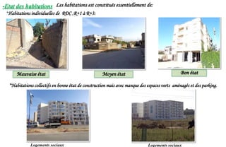 -Etat des habitations Les habitations est constitués essentiellement de:
*Habitations individuelles de RDC ,R+1 à R+3:
Bon étatMoyen étatMauvaise état
*Habitations collectifs en bonne état de construction mais avec manque des espaces verts aménagés et des parking.
Logements sociaux Logements sociaux
 
