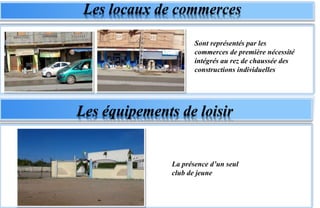 Les locaux de commerces
Sont représentés par les
commerces de première nécessité
intégrés au rez de chaussée des
constructions individuelles
Les équipements de loisir
La présence d’un seul
club de jeune
 