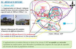 Réseau AEPréservoir
Cartes : Réseau AEP
XI . RÉSEAUX DIVERS
1 . Réseau AEP
*- L’agglomération de Bazoul s’alimente
à partir de deux réservoirs existants d’une
capacité totale de 1000 m3 (500m3 × 2).
Bazoul s’alimente par 03 conduites
d’amenées de différents diamètres :
Une conduite de  80 mm dessert le 1er groupement
Une conduite de  250 mm dessert le 2ème groupement
Une conduite de  100 mm dessert le 3ème groupement
L’agglomération secondaire Bazoul est dotée d’un réseau d’AEP acceptable qui nécessite
cependant un renforcement pour Résoudre le problème des coupures de l'eau afin de répondre
aux besoins de toute la population résidente.
 