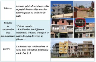 Toitures
terrasse généralement accessible
et parfois inaccessible avec des
toitures plates ou inclinées en
tuile.
Système
de
construction
avec
les matériaux
*Poteau –poutre
* L’utilisation des différents
matériaux: le béton, la brique, le
plâtre, le métal, le verre, la
faïence…
gabarit
La hauteur des constructions se
varie dont la hauteur dominante
est R+2 et R+3.
 