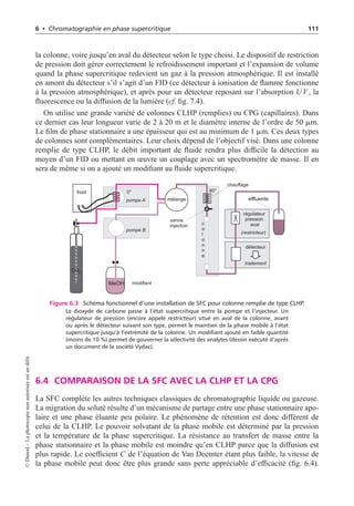 6 • Chromatographie en phase supercritique 111
la colonne, voire jusqu’en aval du détecteur selon le type choisi. Le dispositif de restriction
de pression doit gérer correctement le refroidissement important et l’expansion de volume
quand la phase supercritique redevient un gaz à la pression atmosphérique. Il est installé
en amont du détecteur s’il s’agit d’un FID (ce détecteur à ionisation de flamme fonctionne
à la pression atmosphérique), et après pour un détecteur reposant sur l’absorption UV , la
fluorescence ou la diffusion de la lumière (cf. fig. 7.4).
On utilise une grande variété de colonnes CLHP (remplies) ou CPG (capillaires). Dans
ce dernier cas leur longueur varie de 2 à 20 m et le diamètre interne de l’ordre de 50 mm.
Le film de phase stationnaire a une épaisseur qui est au minimum de 1 mm. Ces deux types
de colonnes sont complémentaires. Leur choix dépend de l’objectif visé. Dans une colonne
remplie de type CLHP, le débit important de fluide rendra plus difficile la détection au
moyen d’un FID ou mettant en œuvre un couplage avec un spectromètre de masse. Il en
sera de même si on a ajouté un modifiant au fluide supercritique.
mélange
détecteur
traitement
pompe A
pompe B
chauffage
MeOH
effluents
froid
c
o
l
o
n
n
e
vanne
injection
régulateur
pression
aval
0° 40°
modifiant
(restricteur)
CO2
Figure 6.3 Schéma fonctionnel d’une installation de SFC pour colonne remplie de type CLHP.
Le dioxyde de carbone passe à l’état supercritique entre la pompe et l’injecteur. Un
régulateur de pression (encore appelé restricteur) situé en aval de la colonne, avant
ou après le détecteur suivant son type, permet le maintien de la phase mobile à l’état
supercritique jusqu’à l’extrémité de la colonne. Un modifiant ajouté en faible quantité
(moins de 10 %) permet de gouverner la sélectivité des analytes (dessin exécuté d’après
un document de la société Vydac).
6.4 COMPARAISON DE LA SFC AVEC LA CLHP ET LA CPG
La SFC complète les autres techniques classiques de chromatographie liquide ou gazeuse.
La migration du soluté résulte d’un mécanisme de partage entre une phase stationnaire apo-
laire et une phase éluante peu polaire. Le phénomène de rétention est donc différent de
celui de la CLHP. Le pouvoir solvatant de la phase mobile est déterminé par la pression
et la température de la phase supercritique. La résistance au transfert de masse entre la
phase stationnaire et la phase mobile est moindre qu’en CLHP parce que la diffusion est
plus rapide. Le coefficient C de l’équation de Van Deemter étant plus faible, la vitesse de
la phase mobile peut donc être plus grande sans perte appréciable d’efficacité (fig. 6.4).
©
Dunod
–
La
photocopie
non
autorisée
est
un
délit
 