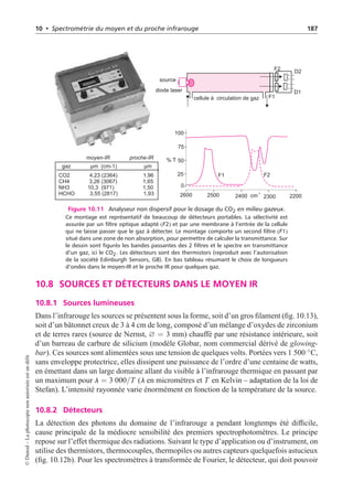 10 • Spectrométrie du moyen et du proche infrarouge 187
0
50
75
100
25
2400 2300 2200
2600 2500
diode laser
F1
F2 D2
D1
cellule à circulation de gaz
% T
F1 F2
cm
-1
source
CO2 4,23 (2364) 1,96
CH4 3,26 (3067) 1,65
NH3 10,3 (971) 1,50
HCHO 3,55 (2817) 1,93
gaz µm (cm-1) µm
moyen-IR proche-IR
Figure 10.11 Analyseur non dispersif pour le dosage du CO2 en milieu gazeux.
Ce montage est représentatif de beaucoup de détecteurs portables. La sélectivité est
assurée par un filtre optique adapté (F2) et par une membrane à l’entrée de la cellule
qui ne laisse passer que le gaz à détecter. Le montage comporte un second filtre (F1)
situé dans une zone de non absorption, pour permettre de calculer la transmittance. Sur
le dessin sont figurés les bandes passantes des 2 filtres et le spectre en transmittance
d’un gaz, ici le CO2. Les détecteurs sont des thermistors (reproduit avec l’autorisation
de la société Edinburgh Sensors, GB). En bas tableau résumant le choix de longueurs
d’ondes dans le moyen-IR et le proche IR pour quelques gaz.
10.8 SOURCES ET DÉTECTEURS DANS LE MOYEN IR
10.8.1 Sources lumineuses
Dans l’infrarouge les sources se présentent sous la forme, soit d’un gros filament (fig. 10.13),
soit d’un bâtonnet creux de 3 à 4 cm de long, composé d’un mélange d’oxydes de zirconium
et de terres rares (source de Nernst, ∅ = 3 mm) chauffé par une résistance intérieure, soit
d’un barreau de carbure de silicium (modèle Globar, nom commercial dérivé de glowing-
bar). Ces sources sont alimentées sous une tension de quelques volts. Portées vers 1 500 ◦C,
sans enveloppe protectrice, elles dissipent une puissance de l’ordre d’une centaine de watts,
en émettant dans un large domaine allant du visible à l’infrarouge thermique en passant par
un maximum pour l = 3 000/T (l en micromètres et T en Kelvin – adaptation de la loi de
Stefan). L’intensité rayonnée varie énormément en fonction de la température de la source.
10.8.2 Détecteurs
La détection des photons du domaine de l’infrarouge a pendant longtemps été difficile,
cause principale de la médiocre sensibilité des premiers spectrophotomètres. Le principe
repose sur l’effet thermique des radiations. Suivant le type d’application ou d’instrument, on
utilise des thermistors, thermocouples, thermopiles ou autres capteurs quelquefois astucieux
(fig. 10.12b). Pour les spectromètres à transformée de Fourier, le détecteur, qui doit pouvoir
©
Dunod
–
La
photocopie
non
autorisée
est
un
délit
 