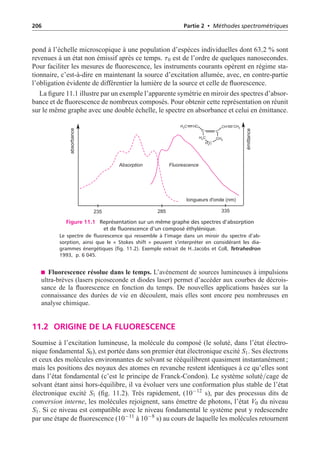 206 Partie 2 • Méthodes spectrométriques
pond à l’échelle microscopique à une population d’espèces individuelles dont 63,2 % sont
revenues à un état non émissif après ce temps. t0 est de l’ordre de quelques nanosecondes.
Pour faciliter les mesures de fluorescence, les instruments courants opèrent en régime sta-
tionnaire, c’est-à-dire en maintenant la source d’excitation allumée, avec, en contre-partie
l’obligation évidente de différentier la lumière de la source et celle de fluorescence.
La figure 11.1 illustre par un exemple l’apparente symétrie en miroir des spectres d’absor-
bance et de fluorescence de nombreux composés. Pour obtenir cette représentation on réunit
sur le même graphe avec une double échelle, le spectre en absorbance et celui en émittance.
absorbance
émittance
longueurs d'onde (nm)
Absorption Fluorescence
235 285 335
H C
2
H C
2
HC
H C
2
CH2
C C
CH2
CH
Figure 11.1 Représentation sur un même graphe des spectres d’absorption
et de fluorescence d’un composé éthylénique.
Le spectre de fluorescence qui ressemble à l’image dans un miroir du spectre d’ab-
sorption, ainsi que le « Stokes shift » peuvent s’interpréter en considérant les dia-
grammes énergétiques (fig. 11.2). Exemple extrait de H..Jacobs et Coll, Tetrahedron
1993, p. 6 045.
Fluorescence résolue dans le temps. L’avènement de sources lumineuses à impulsions
ultra-brèves (lasers picoseconde et diodes laser) permet d’accéder aux courbes de décrois-
sance de la fluorescence en fonction du temps. De nouvelles applications basées sur la
connaissance des durées de vie en découlent, mais elles sont encore peu nombreuses en
analyse chimique.
11.2 ORIGINE DE LA FLUORESCENCE
Soumise à l’excitation lumineuse, la molécule du composé (le soluté, dans l’état électro-
nique fondamental S0), est portée dans son premier état électronique excité S1. Ses électrons
et ceux des molécules environnantes de solvant se rééquilibrent quasiment instantanément ;
mais les positions des noyaux des atomes en revanche restent identiques à ce qu’elles sont
dans l’état fondamental (c’est le principe de Franck-Condon). Le système soluté/cage de
solvant étant ainsi hors-équilibre, il va évoluer vers une conformation plus stable de l’état
électronique excité S1 (fig. 11.2). Très rapidement, (10−12
s), par des processus dits de
conversion interne, les molécules rejoignent, sans émettre de photons, l’état V0 du niveau
S1. Si ce niveau est compatible avec le niveau fondamental le système peut y redescendre
par une étape de fluorescence (10−11
à 10−8
s) au cours de laquelle les molécules retournent
 