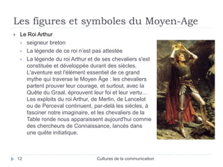 Les figures et symboles du Moyen-Age 
 Le Roi Arthur 
 seigneur breton 
 La légende de ce roi n’est pas attestée 
 La légende du roi Arthur et de ses chevaliers s'est 
constituée et développée durant des siècles. 
L'aventure est l'élément essentiel de ce grand 
mythe qui traverse le Moyen Âge : les chevaliers 
partent prouver leur courage, et surtout, avec la 
Quête du Graal, éprouvent leur foi et leur vertu… 
Les exploits du roi Arthur, de Merlin, de Lancelot 
ou de Perceval continuent, par-delà les siècles, à 
fasciner notre imaginaire, et les chevaliers de la 
Table ronde nous apparaissent aujourd'hui comme 
des chercheurs de Connaissance, lancés dans 
une quête initiatique. 
12 Cultures de la communication 
 