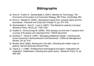 Bibliographie
Arora A., Fosfuri A., Gambardella A. (2001), Markets for Technology: The
Economics of Innovation and Corporate Strategy, MIT Press, Cambridge, MA.
Arora A., Merges R. (2004), “Specialized supply firms, property rights and firm
boundaries”, Industrial and Corporate Change 13, pp. 451–475.
Gambardella A., Giuri P., Luzzi A. (2007), “The Market for patents in Europe”,
Research Policy, 36 (8), pp. 1163-1183.
Guellec D., Pluvia Zuniga M. (2008), “Who licenses out and why ? Lessons from
a survey of European and Japanese firms”, OECD document.
Grindley P., Teece D. (1997), “Managing Intellectual Capital : Licensing and
Cross-Licensing in Semiconductors and Electronics”, California Management
Review, 39, pp. 8-41.
Rivette, Kline (2000), Rembrants in the attic: Unlocking the hidden value of
patents, Harvard Business School Press.
Teece D. J. (1986), “Profiting from technological innovation: implications for
integration, collaboration, licensing and public policy”, Research Policy 15, pp.
285–305.
 