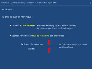 Martinique – Guadeloupe : analyse comparée de la conjoncture depuis 2008                                   8



 En résumé


 La crise de 2009 en Martinique :


          Survient au pire moment : à la suite d’un long cycle d’investissement
                                     (ce qui n’est pas le cas en Guadeloupe)


          Dégrade fortement le taux de rentabilité des entreprises :


                         Excédent d’exploitation                           La baisse est moins prononcée
                                                                           en Guadeloupe
                                   Capital
 