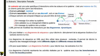 Le Scénario : Description Textuelle
Erreur
Scénario
Alternatif
ScénarioNominal Scénario d’Erreur
Fin nominale
Un scénario est une suite spécifique d’interactions entre les acteurs et le système: c’est une instance du CU,
un chemin particulier parmi cesinteractions.
Scénario principal : nominal
Scénario secondaire: c’est soit un cas alternatif , soit un casd’erreur.
Chaque scénario est composé d’étapes qui peuvent être de trois sortes :
Un message d’un acteur au système
Une validation ou un changement d’état du système
Un message du système vers unacteur
UML permet de modéliser les interactions par des diagrammes dynamiques.
On peut réaliser « un diagramme de séquence » pour décrire le déroulement de la séquence d’actions d’un
scénario donné d’unCU.
Le diagramme de séquence en UML peut être utilisé dans plusieurs contextes. Il permet de décrire la
séquence des messages échangés entre différents objets et à différents niveaux de détails.
On peut aussi réaliser « un diagramme d’activité » pour décrire tous les scénarios d’un CU.
Le diagramme d’activité représente les activités réalisées par le système avec tous les branchements et
toutes les bouclespossibles
21
 