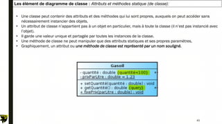 Les élément de diagramme de classe : Attributs et méthodes statique (de classe):
45
• Une classe peut contenir des attributs et des méthodes qui lui sont propres, auxquels on peut accéder sans
nécessairement instancier des objets.
• Un attribut de classe n’appartient pas à un objet en particulier, mais à toute la classe (il n’est pas instancié avec
l’objet).
• Il garde une valeur unique et partagée par toutes les instances de la classe.
• Une méthode de classe ne peut manipuler que des attributs statiques et ses propres paramètres.
• Graphiquement, un attribut ou une méthode de classe est représenté par un nom souligné.
 