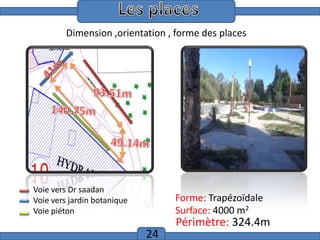 Introduction
Dimension ,orientation , forme des places

Voie vers Dr saadan
Voie vers jardin botanique
Voie piéton

Forme: Trapézoïdale
Surface: 4000 m2

24

Périmètre: 324.4m

 