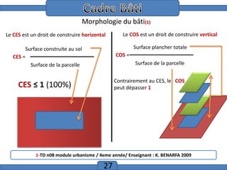 Cadre Bâti
Morphologie du bâti(1)
Le CES est un droit de construire horizontal

Le COS est un droit de construire vertical
Surface plancher totale

Surface construite au sol
CES =
Surface de la parcelle

COS =
Surface de la parcelle
Contrairement au CES, le COS
peut dépasser 1

CES ≤ 1 (100%)

1-TD n08 module urbanisme / 4eme année/ Enseignant : K. BENARFA 2009

27

 