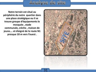 Analyse de site
Notre terrain est situé au
périphérie du notre quartier dans
une place stratégique ou il se
trouve groupe d’équipements le
mosquée , stade
communale, crèche , maison de
jeune…. et éloigné de la route N1
presque 10 m vers l’ouest .

31

 
