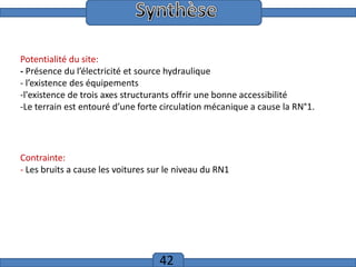 Introduction

Potentialité du site:
- Présence du l’électricité et source hydraulique
- l’existence des équipements
-l'existence de trois axes structurants offrir une bonne accessibilité
-Le terrain est entouré d’une forte circulation mécanique a cause la RN°1.

Contrainte:
- Les bruits a cause les voitures sur le niveau du RN1

42

 