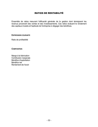 - 32 -
RATIOS DE RENTABILITÉ
Ensemble de ratios mesurant l'efficacité générale de la gestion dont témoignent les
revenus provenant des ventes et des investissements. Ces ratios évaluent le rendement
des capitaux investis et l'aptitude de l'entreprise à dégager des bénéfices.
EXPRESSION COURANTE
Ratio de profitabilité
COMPOSITION
Marge à la fabrication
Contribution marginale
Bénéfice d'exploitation
Bénéfice net
Rendement de l'avoir
 