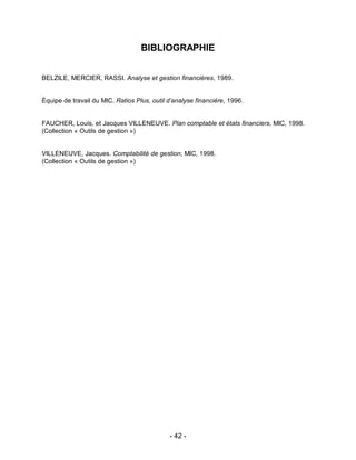 - 42 -
BIBLIOGRAPHIE
BELZILE, MERCIER, RASSI. Analyse et gestion financières, 1989.
Équipe de travail du MIC. Ratios Plus, outil d’analyse financière, 1996.
FAUCHER, Louis, et Jacques VILLENEUVE. Plan comptable et états financiers, MIC, 1998.
(Collection « Outils de gestion »)
VILLENEUVE, Jacques. Comptabilité de gestion, MIC, 1998.
(Collection « Outils de gestion »)
 