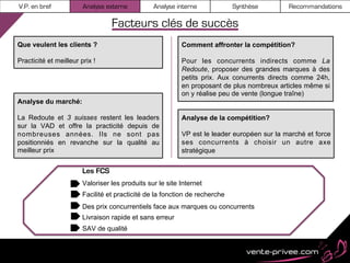 V.P. en bref            Analyse externe          Analyse interne             Synthèse        Recommandations

                                  Facteurs clés de succès
Que veulent les clients ?                                  Comment affronter la compétition?

Practicité et meilleur prix !                              Pour les concurrents indirects comme La
                                                           Redoute, proposer des grandes marques à des
                                                           petits prix. Aux conurrents directs comme 24h,
                                                           en proposant de plus nombreux articles même si
                                                           on y réalise peu de vente (longue traîne)
Analyse du marché:

La Redoute et 3 suisses restent les leaders                Analyse de la compétition?
sur la VAD et offre la practicité depuis de
nombreuses années. Ils ne sont pas                         VP est le leader européen sur la marché et force
positionniés en revanche sur la qualité au                 ses concurrents à choisir un autre axe
meilleur prix                                              stratégique


                        Les FCS
                        Valoriser les produits sur le site Internet
                        Facilité et practicité de la fonction de recherche
                        Des prix concurrentiels face aux marques ou concurrents
                        Livraison rapide et sans erreur
                        SAV de qualité
 