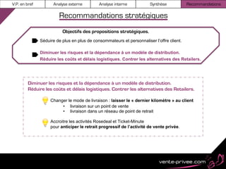 V.P. en bref         Analyse externe         Analyse interne           Synthèse            Recommandations

                        Recommandations stratégiques
                          Objectifs des propositions stratégiques.
               Séduire de plus en plus de consommateurs et personnaliser l’offre client.

               Diminuer les risques et la dépendance à un modèle de distribution.
               Réduire les coûts et délais logistiques. Contrer les alternatives des Retailers.




         Diminuer les risques et la dépendance à un modèle de distribution.
         Réduire les coûts et délais logistiques. Contrer les alternatives des Retailers.

                    Changer le mode de livraison : laisser le « dernier kilomètre » au client
                         •  livraison sur un point de vente
                         •  livraison dans un réseau de point de retrait

                    Accroitre les activités Rosedeal et Ticket-Minute
                    pour anticiper le retrait progressif de l’activité de vente privée.
 