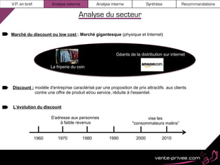 V.P. en bref          Analyse externe          Analyse interne             Synthèse          Recommandations

                                     Analyse du secteur

Marché du discount ou low cost : Marché gigantesque (physique et Internet)



                                                         Géants de la distribution sur internet

                      La friperie du coin



Discount : modèle d'entreprise caractérisé par une proposition de prix attractifs aux clients
           contre une offre de produit et/ou service, réduite à l'essentiel.


L’évolution du discount

                      S'adresse aux personnes                           vise les
                           à faible revenus                      "consommateurs malins”


               1960       1970          1980         1990           2000          2010
 