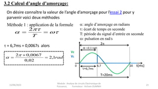 3.2 Calcul d’angle d’amorçage:
On désire connaître la valeur de l’angle d’amorçage pour l’essai 2 pour y
parvenir voici deux méthodes
 = 6,7ms = 0,0067s alors
rad
1
,
2
02
,
0
0067
,
0
2







 

T
2
: angle d’amorçage en radians
: écart de temps en seconde
T: période du signal d’entrée en seconde
: pulsation en rad/s
Méthode 1 : application de la formule
VE
20
0 6,7
 =2,1 rad
=6,7ms
VL
2
T=20ms
t(ms)
15/06/2023 21
Module : Analyse de circuits Electronique de
Puissance, Formateur: Hicham OUMNIH
 