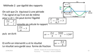 On sait que 2 équivaut à une période
T du signal et qu’il en est de même
pour  et . On peut écrire l’égalité
ensuite on calcule le rapport
puis on écrit
Et enfin on intervertit  et le résultat
Le résultat sera gardé sous forme de fraction



 120
3
360
3
2

Méthode 2 : par égalité des rapports
3
7
,
6
20



T


 T

2
3
2



3
2
 
VE
20
0 6,7
 =
=6,7ms
VL
2
3
2
T=20ms
t(ms)
15/06/2023 22
Module : Analyse de circuits Electronique de
Puissance, Formateur: Hicham OUMNIH
 