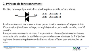 Module : Analyse de circuits Electronique de Puissance, Formateur: Hicham OUMNIH
15/06/2023 27
Un diac est en quelque sorte deux diodes qui auraient la même cathode.
Le diac ne conduit pas le courant tant que sa tension nominale n'est pas atteinte.
Cette tension (breakover voltage, en anglais) se situe, suivant le modèle, vers 32
ou 40 V.
Lorsque cette tension est atteinte, il se produit un phénomène de conduction en
avalanche et la tension de seuil du composant chute aux alentours de 5 V (valeur
typique). Le courant qui traverse le diac est alors suffisant pour déclencher un
triac.
2. Principe de fonctionnement:
 