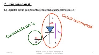 Le thyristor est un composant à semi-conducteur commandable :
G
A
K
VAK
IG
IA
2. Fonctionnement:
15/06/2023 4
Module : Analyse de circuits Electronique de
Puissance, Formateur: Hicham OUMNIH
 