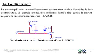 Module : Analyse de circuits Electronique de Puissance, Formateur: Hicham OUMNIH
15/06/2023 60
La lumière qui atteint la photodiode crée un courant entre les deux électrodes de base
des transistors. Si l’énergie lumineuse est suffisante, la photodiode génère le courant
de gâchette nécessaire pour amorcer le LASCR.
1.2. Fonctionnement
 