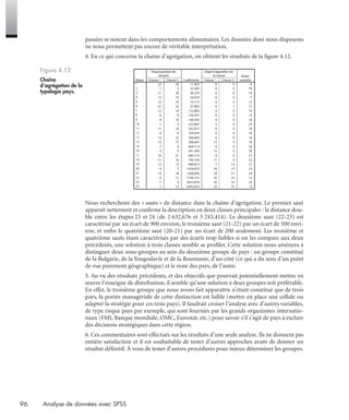 96 Analyse de données avec SPSS
passées se notent dans les comportements alimentaires. Les données dont nous disposons
ne nous permettent pas encore de véritable interprétation.
4. En ce qui concerne la chaîne d’agrégation, on obtient les résultats de la ﬁgure 4.12.
Nous recherchons des « sauts » de distance dans la chaîne d’agrégation. Le premier saut
apparaît nettement et conﬁrme la description en deux classes principales : la distance dou-
ble entre les étapes 23 et 24 (de 2 632,676 et 5 243,414). Le deuxième saut (22-23) est
caractérisé par un écart de 900 environ, le troisième saut (21-22) par un écart de 500 envi-
ron, et enﬁn le quatrième saut (20-21) par un écart de 200 seulement. Les troisième et
quatrième sauts étant caractérisés par des écarts trop faibles si on les compare aux deux
précédents, une solution à trois classes semble se proﬁler. Cette solution nous amènera à
distinguer deux sous-groupes au sein du deuxième groupe de pays : un groupe constitué
de la Bulgarie, de la Yougoslavie et de la Roumanie, d’un côté (ce qui a du sens d’un point
de vue purement géographique) et le reste des pays, de l’autre.
5. Au vu des résultats précédents, et des objectifs que pourrait potentiellement mettre en
œuvre l’enseigne de distribution, il semble qu’une solution à deux groupes soit préférable.
En effet, le troisième groupe que nous avons fait apparaître n’étant constitué que de trois
pays, la portée managériale de cette distinction est faible (mettre en place une cellule ou
adapter la stratégie pour ces trois pays). Il faudrait croiser l’analyse avec d’autres variables,
de type risque pays par exemple, qui sont fournies par les grands organismes internatio-
naux (FMI, Banque mondiale, OMC, Eurostat, etc.) pour savoir s’il s’agit de pays à exclure
des décisions stratégiques dans cette région.
6. Ces commentaires sont effectués sur les résultats d’une seule analyse. Ils ne donnent pas
entière satisfaction et il est souhaitable de tester d’autres approches avant de donner un
résultat déﬁnitif. À vous de tester d’autres procédures pour mieux déterminer les groupes.
Figure 4.12
Chaîne
d’agrégation de la
typologie pays.
Livre spss.book Page 96 Vendredi, 25. janvier 2008 12:04 12
 