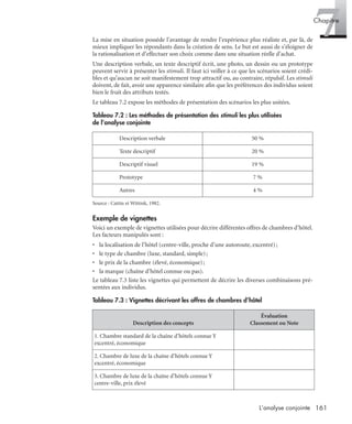 161L’analyse conjointe
7Chapitre
La mise en situation possède l’avantage de rendre l’expérience plus réaliste et, par là, de
mieux impliquer les répondants dans la création de sens. Le but est aussi de s’éloigner de
la rationalisation et d’effectuer son choix comme dans une situation réelle d’achat.
Une description verbale, un texte descriptif écrit, une photo, un dessin ou un prototype
peuvent servir à présenter les stimuli. Il faut ici veiller à ce que les scénarios soient crédi-
bles et qu’aucun ne soit manifestement trop attractif ou, au contraire, répulsif. Les stimuli
doivent, de fait, avoir une apparence similaire aﬁn que les préférences des individus soient
bien le fruit des attributs testés.
Le tableau 7.2 expose les méthodes de présentation des scénarios les plus usitées.
Source : Cattin et Wittink, 1982.
Exemple de vignettes
Voici un exemple de vignettes utilisées pour décrire différentes offres de chambres d’hôtel.
Les facteurs manipulés sont :
• la localisation de l’hôtel (centre-ville, proche d’une autoroute, excentré);
• le type de chambre (luxe, standard, simple);
• le prix de la chambre (élevé, économique);
• la marque (chaîne d’hôtel connue ou pas).
Le tableau 7.3 liste les vignettes qui permettent de décrire les diverses combinaisons pré-
sentées aux individus.
Tableau 7.2 : Les méthodes de présentation des stimuli les plus utilisées
de l’analyse conjointe
Description verbale 50 %
Texte descriptif 20 %
Descriptif visuel 19 %
Prototype 7 %
Autres 4 %
Tableau 7.3 : Vignettes décrivant les offres de chambres d’hôtel
Description des concepts
Évaluation
Classement ou Note
1. Chambre standard de la chaîne d’hôtels connue Y
excentré, économique
2. Chambre de luxe de la chaîne d’hôtels connue Y
excentré, économique
3. Chambre de luxe de la chaîne d’hôtels connue Y
centre-ville, prix élevé
Livre spss.book Page 161 Vendredi, 25. janvier 2008 12:04 12
 