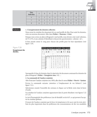 175L’analyse conjointe
Exercices
7Chapitre
* Solution 1. L’enregistrement des données collectées
Nous avons les résultats du classement de ces neuf proﬁls de thés. Pour saisir les données,
créez un nouveau document. Allez dans Fichier > Nouveau > Créer.
Puisque nous avons un plan orthogonal à neuf proﬁls, nous devons créer neuf colonnes,
de V1 à V9, et une colonne d’identiﬁant à chacun des questionnaires : colonne « id ».
Il faut ensuite entrer le rang pour chacun des proﬁls pour les huit répondants (voir
ﬁgure 7.20).
Sauvegardez la base de données dans le répertoire du document contenant les données du
plan orthogonal : Fichier > Enregistrer sous > C: …
2. La commande de l’analyse conjointe
Aﬁn d’exécuter l’analyse conjointe avec SPSS, allez dans le menu Fichier > Ouvrir > Syntaxe.
Écrivez la commande suivante (attention à l’emplacement de vos ﬁchiers!) [voir
ﬁgure 7.21].
Sélectionnez ensuite l’ensemble des syntaxes et cliquez sur la ﬂèche noire dans la barre
d’outils.
Les résultats de l’analyse conjointe apparaissent dans la partie Résultats (voir ﬁgures 7.22
et 7.23).
Le test d’homogénéité des préférences (tau de Kendall) est de 0,97, ce qui permet d’accep-
ter les résultats globaux.
Il ressort de l’analyse conjointe que la force, la température et le sucre sont les trois attri-
buts les plus importants dans les préférences des consommateurs de thé. Les modalités
Thés
Individus
1 2 3 4 5 6 7 8 9
6 2 3 4 4 1 8 7 6 9
7 9 2 3 3 7 1 5 8 4
8 6 2 1 1 5 8 9 7 3
Figure 7.20
Enregistrement des
données.
Livre spss.book Page 175 Vendredi, 25. janvier 2008 12:04 12
 