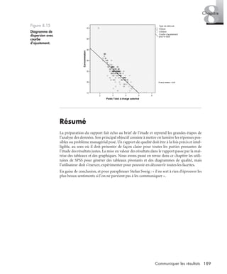 189Communiquer les résultats
8Chapitre
Résumé
La préparation du rapport fait écho au brief de l’étude et reprend les grandes étapes de
l’analyse des données. Son principal objectif consiste à mettre en lumière les réponses pos-
sibles au problème managérial posé. Un rapport de qualité doit être à la fois précis et intel-
ligible, au sens où il doit présenter de façon claire pour toutes les parties prenantes de
l’étude des résultats justes. La mise en valeur des résultats dans le rapport passe par la maî-
trise des tableaux et des graphiques. Nous avons passé en revue dans ce chapitre les utili-
taires de SPSS pour générer des tableaux pivotants et des diagrammes de qualité, mais
l’utilisateur doit s’exercer, expérimenter pour pouvoir en découvrir toutes les facettes.
En guise de conclusion, et pour paraphraser Stefan Sweig : « il ne sert à rien d’éprouver les
plus beaux sentiments si l’on ne parvient pas à les communiquer ».
Figure 8.15
Diagramme de
dispersion avec
courbe
d’ajustement.
Livre spss.book Page 189 Vendredi, 25. janvier 2008 12:04 12
 