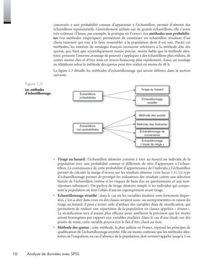 10 Analyse de données avec SPSS
concernée a une probabilité connue d’appartenir à l’échantillon, permet d’obtenir des
échantillons représentatifs. Généralement utilisée sur de grands échantillons, elle s’avère
très coûteuse (l’Insee, par exemple, la pratique en France). Les méthodes non probabilis-
tes (ou méthodes empiriques) permettent de constituer un échantillon résultant d’un
choix raisonné qui vise à le faire ressembler à la population dont il est issu. Parmi ces
méthodes, les instituts de sondages français recourent volontiers à la méthode dite des
quotas, qui, bien que scientiﬁquement moins précise, moins ﬁable que la méthode aléa-
toire, présente l’énorme avantage de pouvoir s’appliquer à des échantillons plus réduits, de
coûter moins cher et d’être mise en œuvre beaucoup plus rapidement. Ainsi, un sondage
au téléphone selon la méthode des quotas peut être réalisé en moins de 48 h.
La ﬁgure 1.3 détaille les méthodes d’échantillonnage qui seront déﬁnies dans la section
suivante.
• Tirage au hasard : l’échantillon aléatoire consiste à tirer au hasard un individu de la
population avec une probabilité connue et différente de zéro d’appartenir à l’échan-
tillon. La connaissance de cette probabilité d’appartenance de l’individu à l’échantillon
permet de calculer la marge d’erreur sur les résultats obtenus (voir focus 1.3). Ce type
d’échantillonnage permet de protéger les utilisateurs des résultats contre une sélection
biaisée de l’échantillon (même si les risques de biais dus au questionnaire et aux non-
réponses subsistent). On parlera de tirage aléatoire simple si les individus qui compo-
sent la population ne font l’objet d’aucun regroupement avant tirage.
• Échantillonnage stratiﬁé : dans le cas où les variables étudiées sont fortement disper-
sées, c’est-à-dire dans ceux où des classes seraient sous- ou surreprésentées en raison du
tirage au hasard, il peut s’avérer utile d’utiliser des variables dites de stratiﬁcation, qui
permettent de réaliser une répartition de la population en classes appelées « strates ».
La stratiﬁcation sera d’autant plus efﬁcace pour améliorer la précision que les strates
seront homogènes par rapport aux variables étudiées. Dans le cas d’une étude sur des
points de vente, cette variable pourra être le fait d’être client ou non.
• Méthode des quotas : cette méthode, la plus utilisée en France, reprend les principes de
qualiﬁcation de l’échantillonnage stratiﬁé. Elle est moins coûteuse que les méthodes aléa-
toires où l’enquêteur, en cas d’absence de la population, doit revenir/rappeler jusqu’à 3 ou
Figure 1.3
Les méthodes
d’échantillonnage. Échantillons
probabilistes
Échantillons
non probabilistes
Tirage au hasard
Échantillonnage
stratifié
Méthode des quotas
Méthode des itinéraires
Échantillonnage de
convenance
Échantillonnage
« boule de neige »
Livre spss.book Page 10 Vendredi, 25. janvier 2008 12:04 12
 